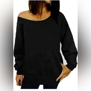 Womens Off Shoulder Sweatshirt Slouchy Long Sleeve Shirts Pullover Tops-SIZE M